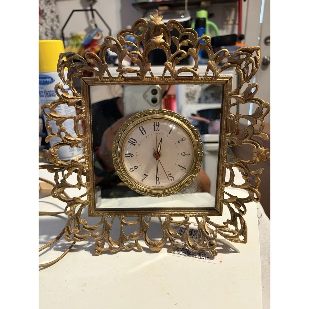 Vintage Hollywood Regency Gold Ornate Mirror Clock Electric Alarm WORKING USA